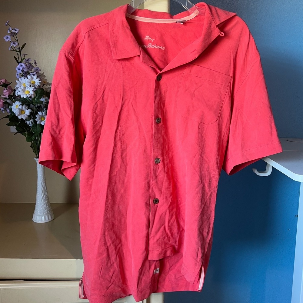Tommy Bahama Mens Silk Button Up Palm Tree Shirt Coral S Vacation Beach Preppy